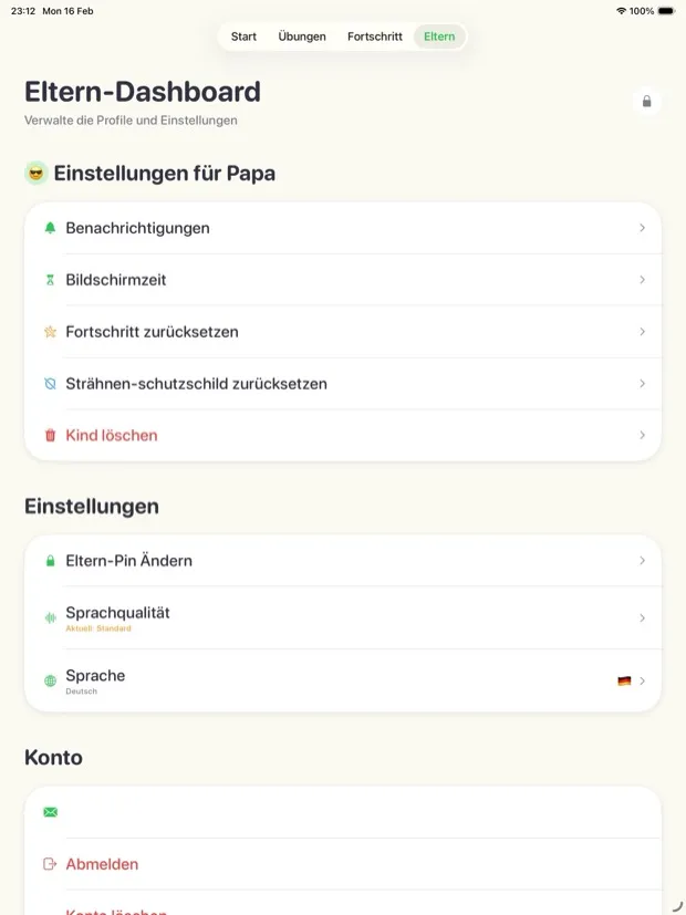 Elternbereich auf iPad