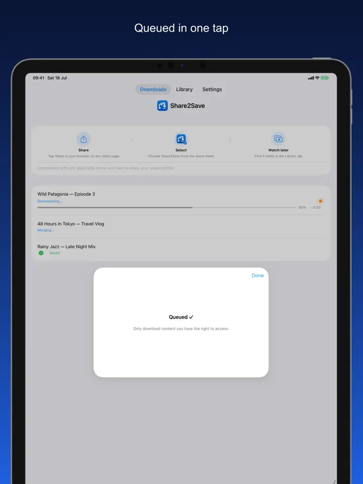 Share2Save – Queued in one tap (iPad)