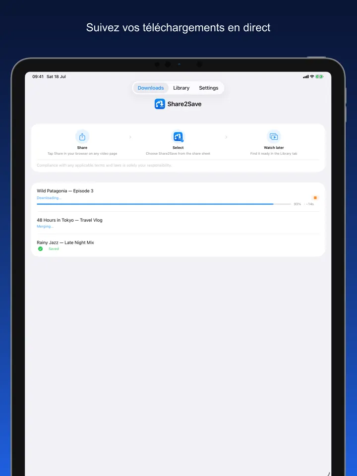 Share2Save – Suivez vos téléchargements en direct (iPad)