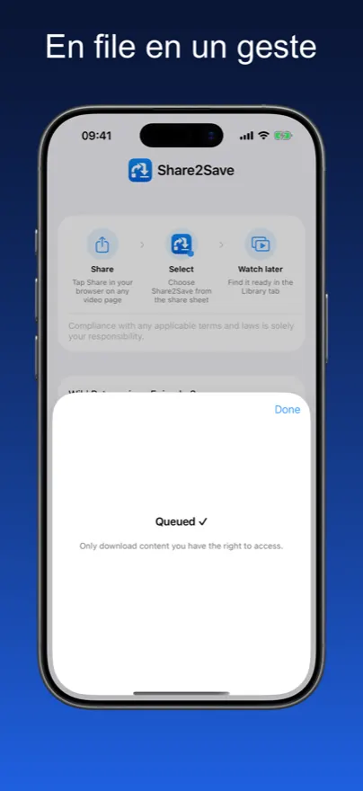 Share2Save – En file en un geste (iPhone)
