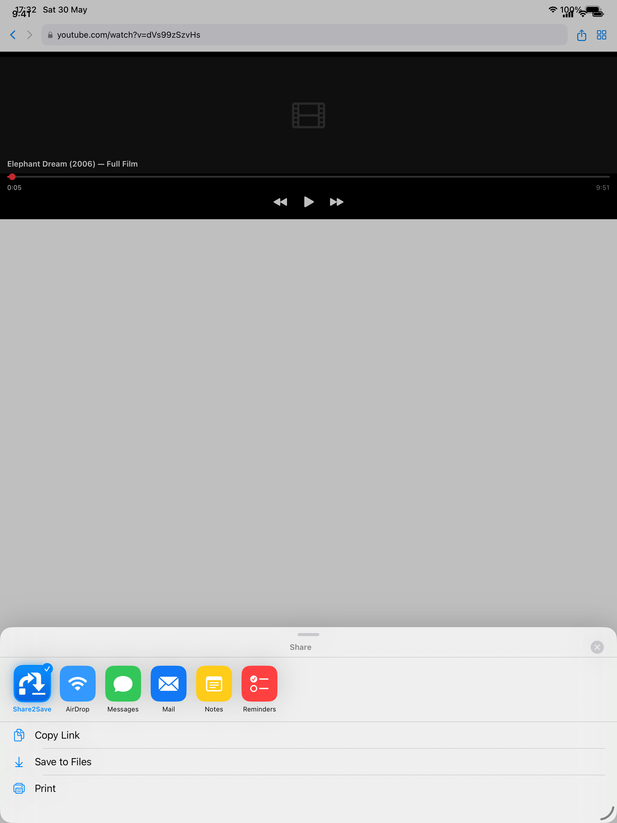 Share2Save share sheet in Safari on iPad