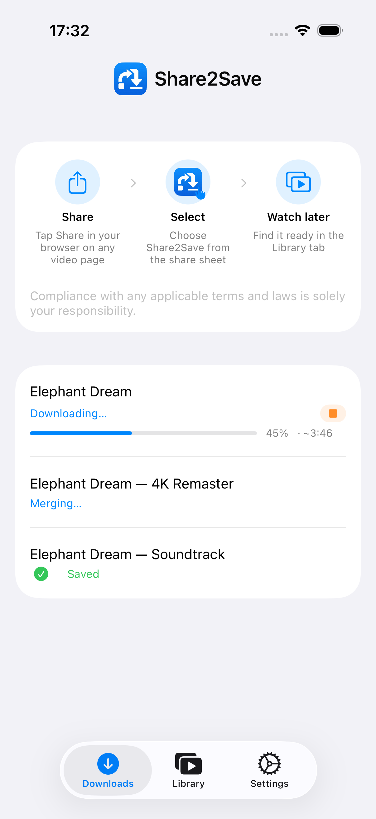 Share2Save active downloads screen