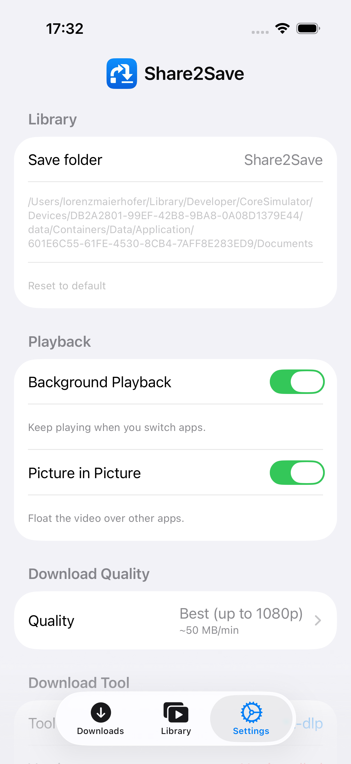 Share2Save settings — quality options