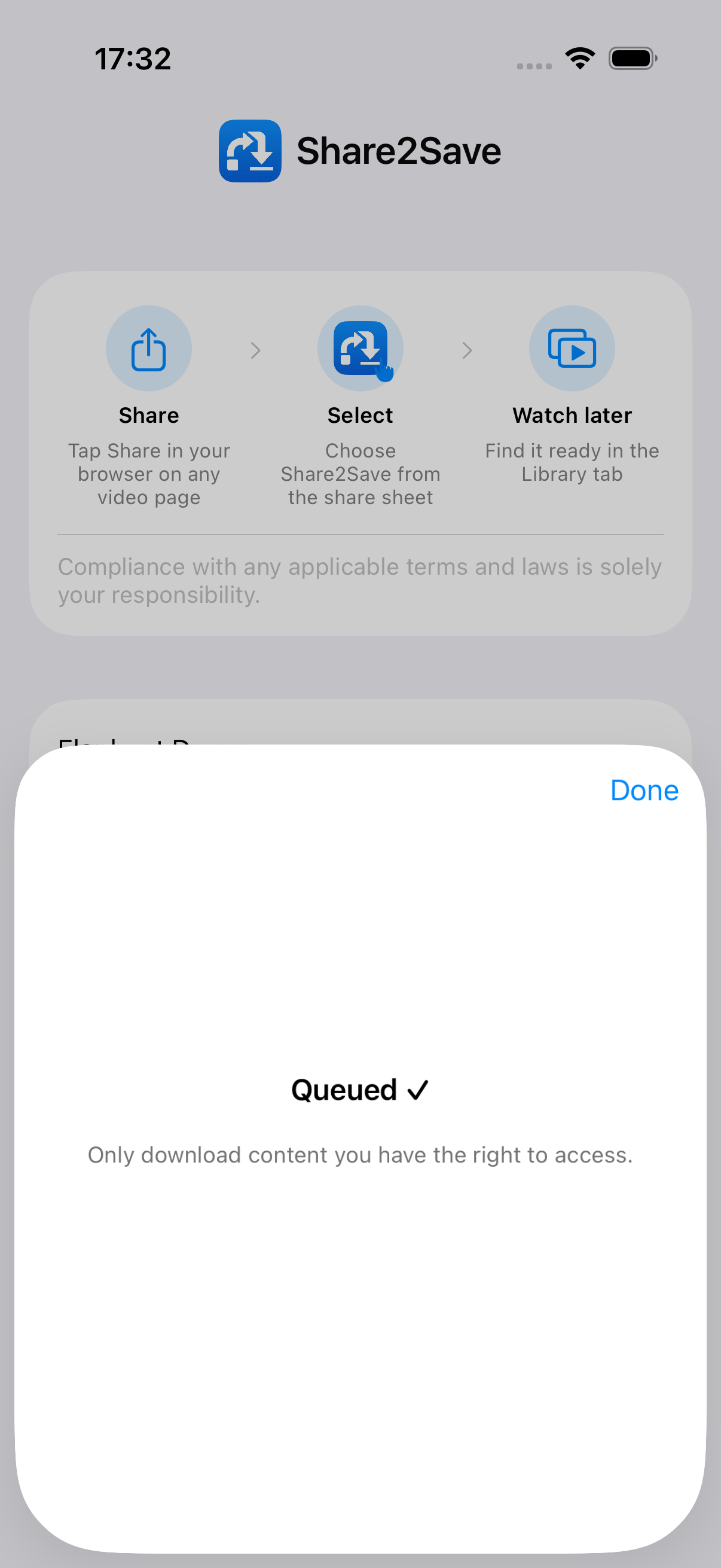 Share2Save share extension — queuing a download
