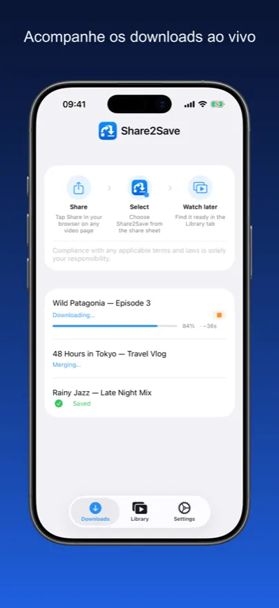 Share2Save – Acompanhe os downloads ao vivo (iPhone)