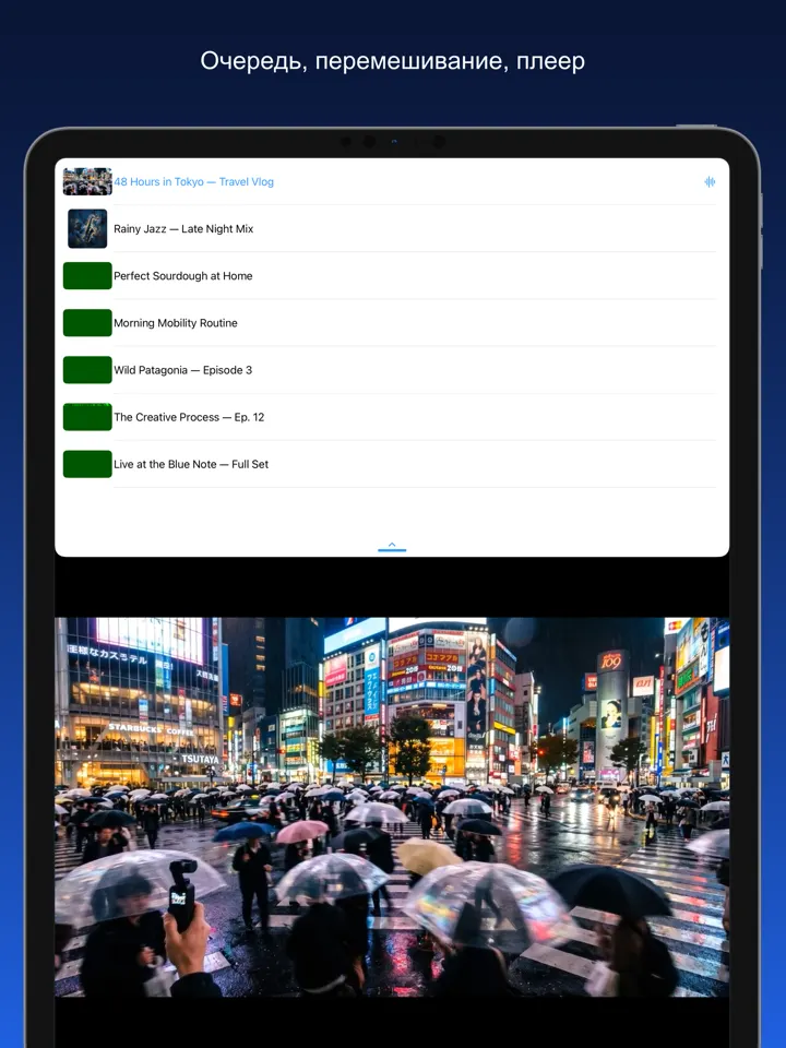Share2Save – Очередь, перемешивание, плеер (iPad)